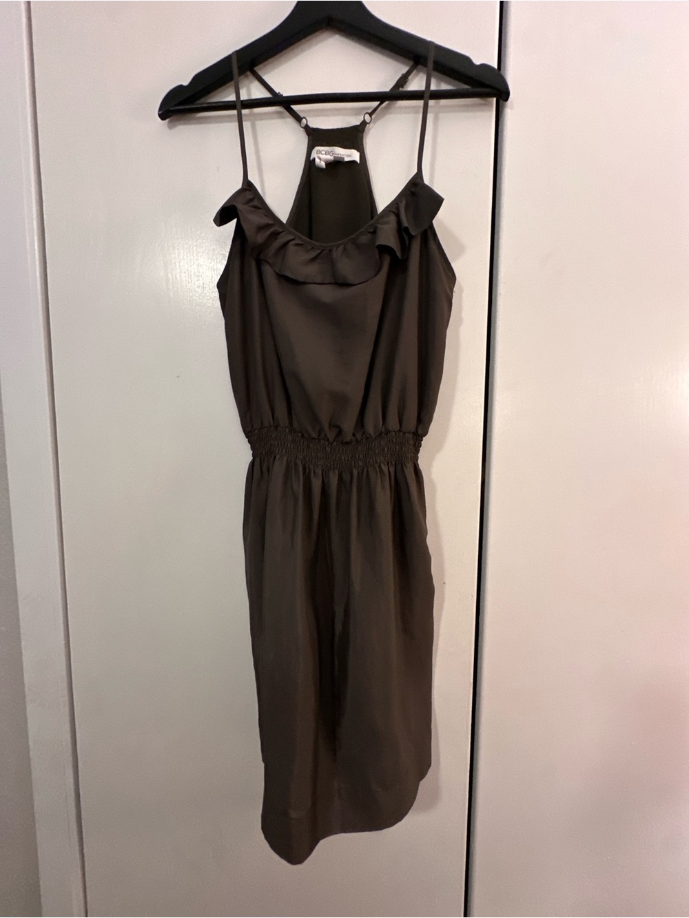 BCBGeneration Olive Brown Ruffle-Trim Midi Dress